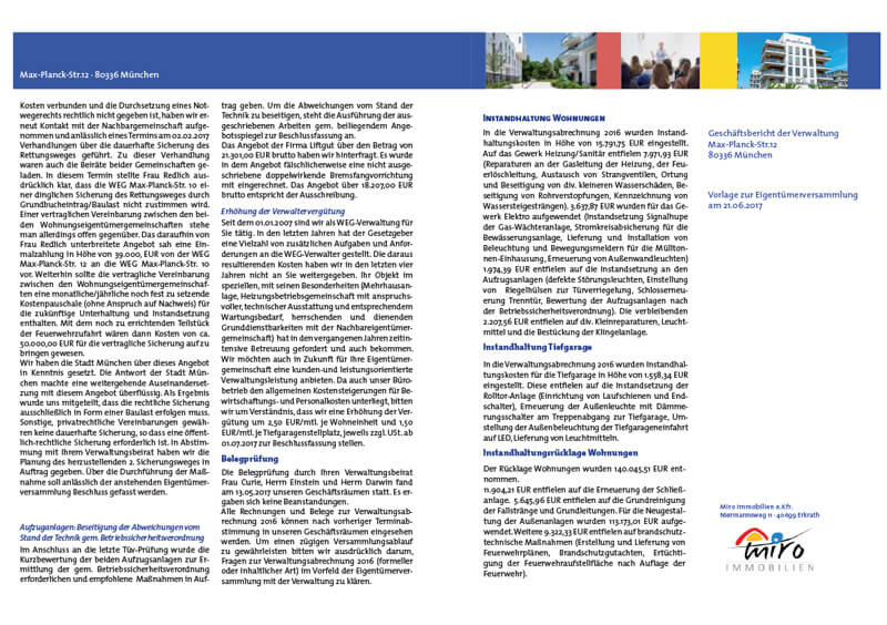 Miro Immobilien - Beispielbericht Immobilienverwaltung